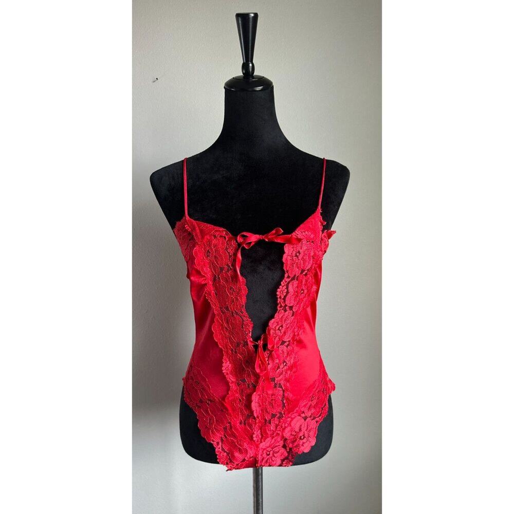 ALANA GALE Vintage Red Lace Tie Front Negligee Teddy Lingerie Size S